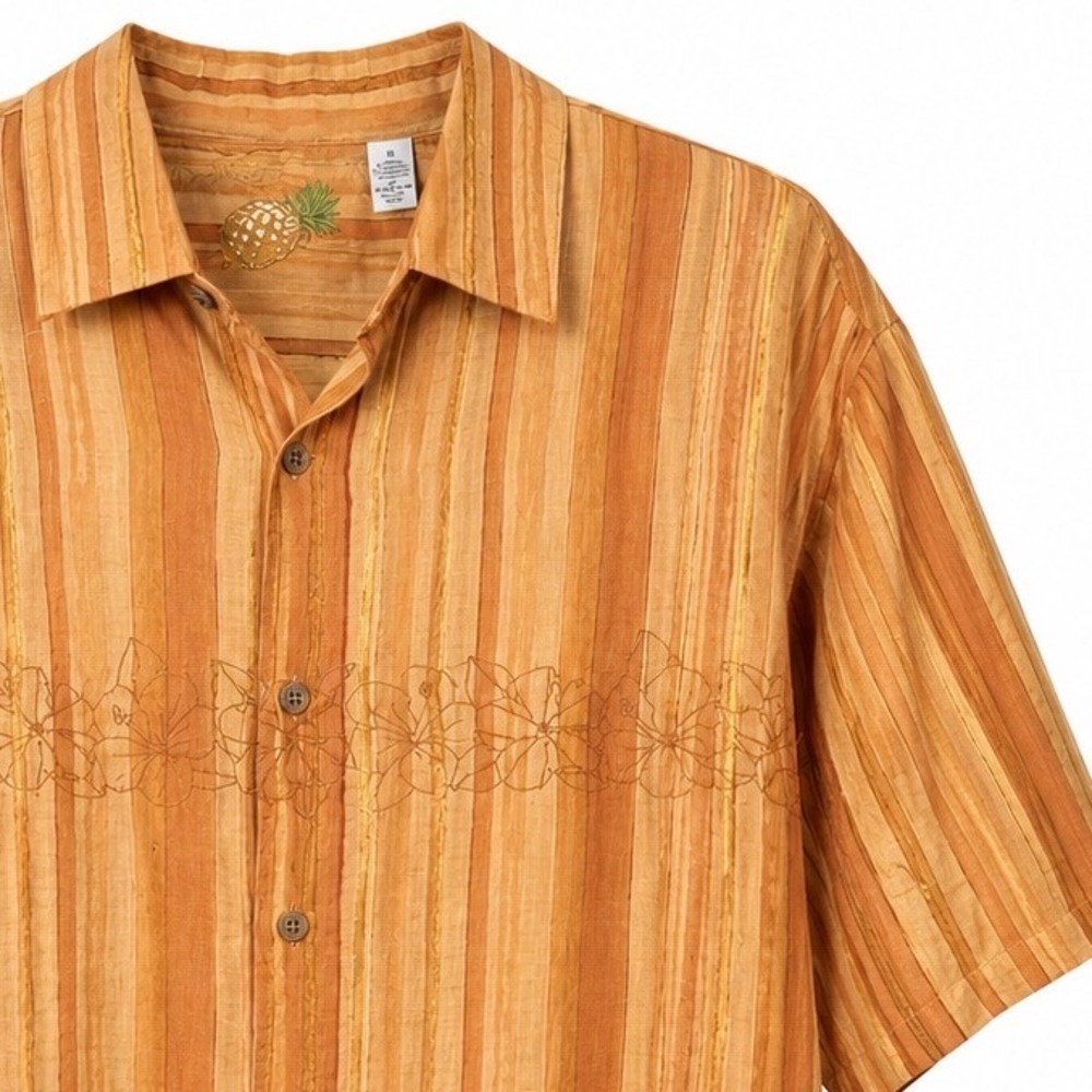 Caribbean Silk Button Up Shirt XL Orange Tropical Hawaiian Resort Embroidered